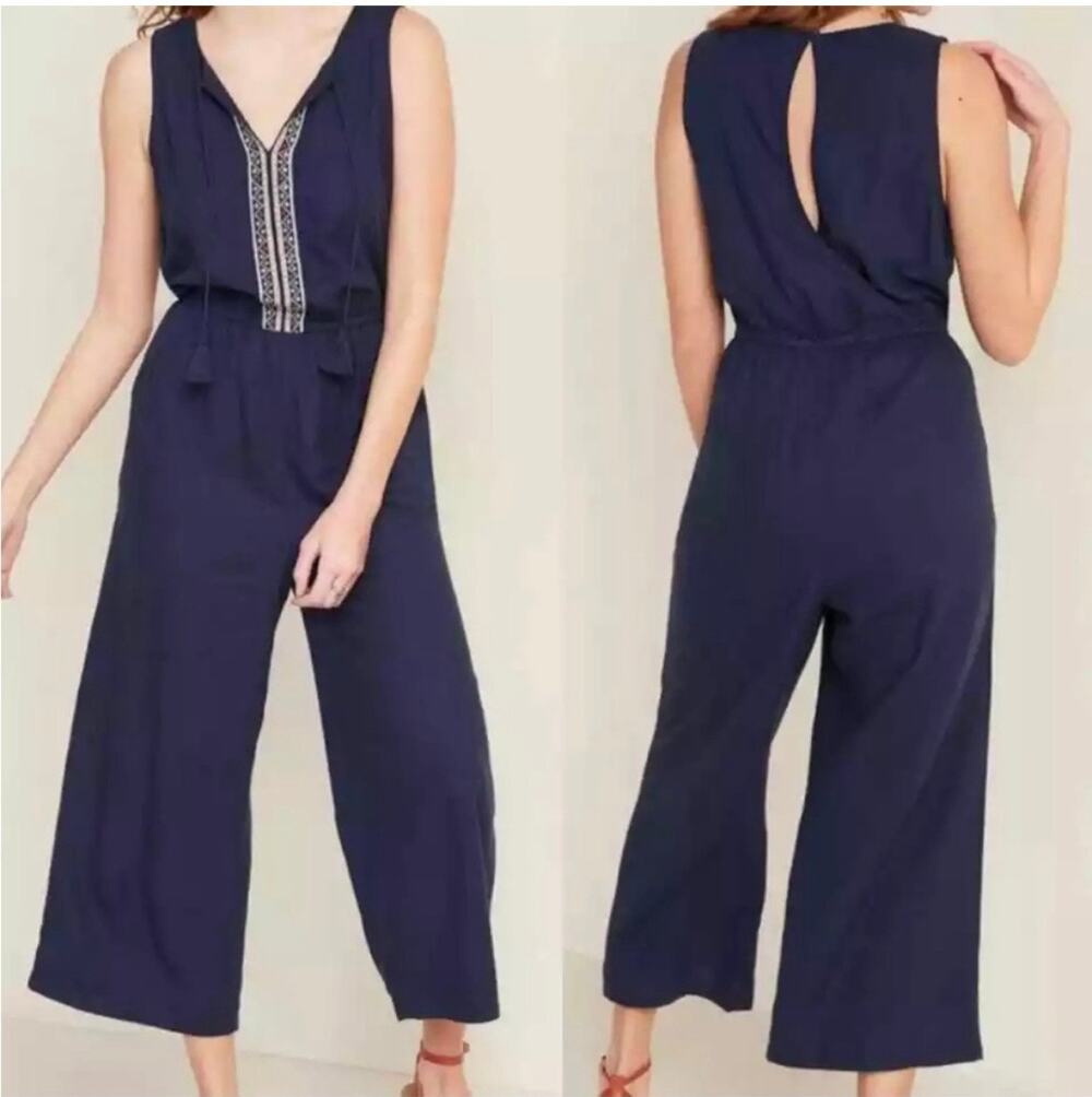 Navy Blue Linen Blend Embroidered Boho Jumpsuit Cropped Wide‎ Leg Sz Sm